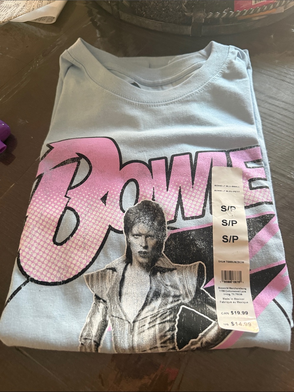 David Bowie Graphic Tee - Light Blue with Pink & Black Print
